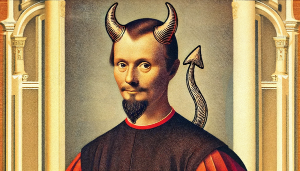 A portrait of Niccolo Machiavelli with a drawing of horns on it.